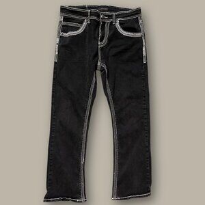 LAMASINI Black Denim Jeans White Contrast Stitching Straight Leg Casual Size 33